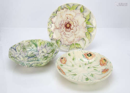 Three contemporary pottery Susan Stoker serving dishes, with tubelined decoration, one of