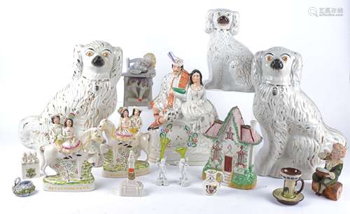 A quantity of Victorian and later ceramics to include a pair of Staffordshire figures on