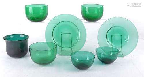 A set of six Georgian or later 19th Century coloured Bristol emerald green glass bowls, with a