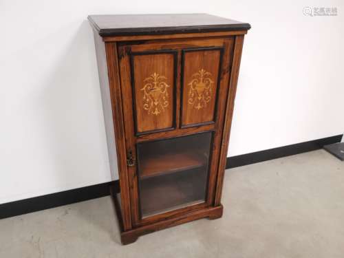 An Edwardian inlayed rosewood music cabinet with glazed door front, 98cm x 54cm x 35cm.