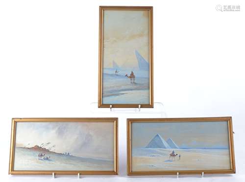 Edwardian Watercolours Arabic Scenes, a trio of framed water colours two depicting desert scenes