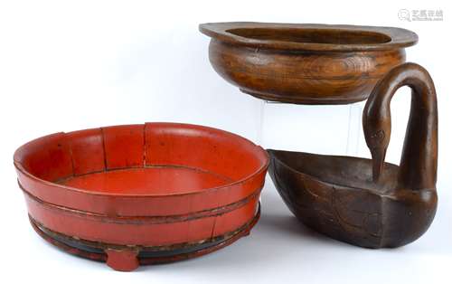 A quantity of Asian and Eastern woodwork and treen, including a large lidded pot modelled as a duck,