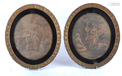 19th Century Oval George Morland Engravings, a pair of stipple engravings in gilt gesso frames