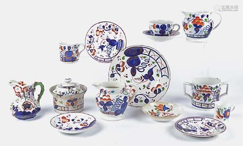 A group of 19th Century Gaudy Welsh pottery wares, in the Imari palette with pink lustre tinting,