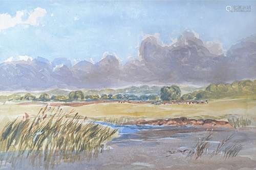 Early 20th Century watercolour, river scene with rural landscape and cattle, label verso, The Graves