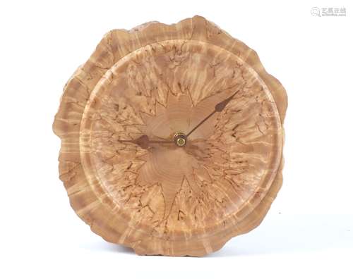 Paul Swan (Contemporary British) a clock master crafted from Masur Birch, diameter 23cm,