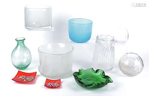 A selection of contemporary glassware, including two Murano glass square dishes decorated with