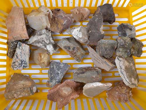 A large selection of rocks and mineral specimens, including selenite, natural copper, azurite,