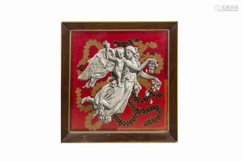 Victorian Bead Work Panel Angel and Cherub, framed and glazed depicting an angel and cherub in sepia