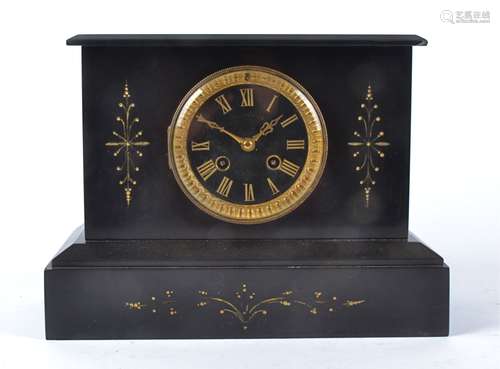 A 20th Century black slate mantel clock, black dial with gilt Roman numerals, marked 'Bagneries' and