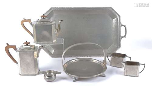 An Arts and Crafts style Sheffield Craftsman Pewter plated tea and coffee service, comprising coffee