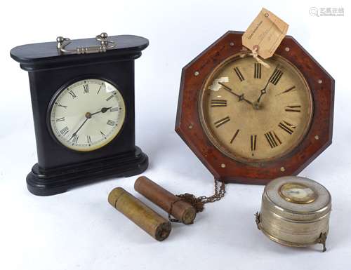 An octagonal mahogany wall clock with inlaid mother of pearl, AF lacking glass, with pendulums and