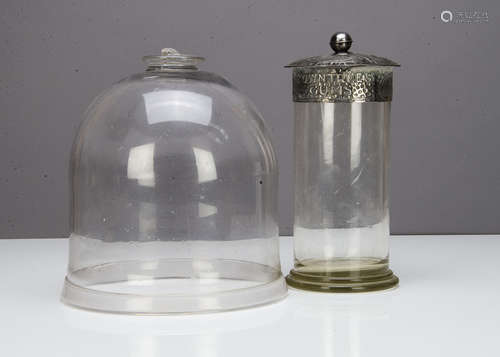 A Rowntree's Gums silver plated pewter and glass storage jar, the cylindrical body on a stepped