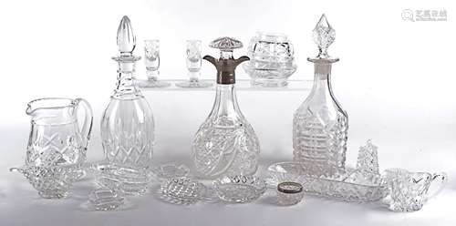 A 1960's silver rimmed glass decanter, height 26cm, together with a selection of other glassware