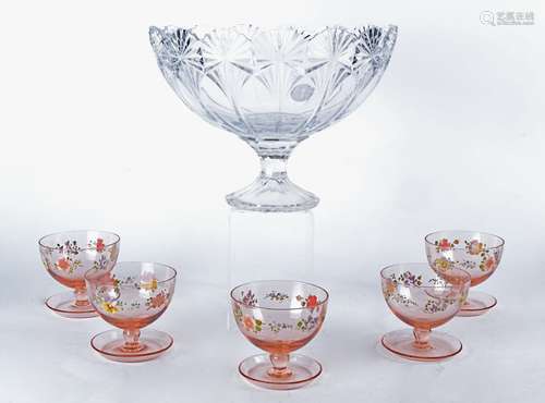 A set of five coloured glass grapefruit bowls, of pedestal from, finely decorated with hand