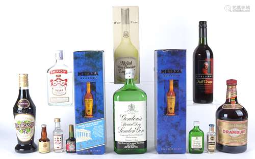 An assorted lot of alcohol, comprising a bottle of Smirnoff vodka, Drambuie Prince Charles Edward'