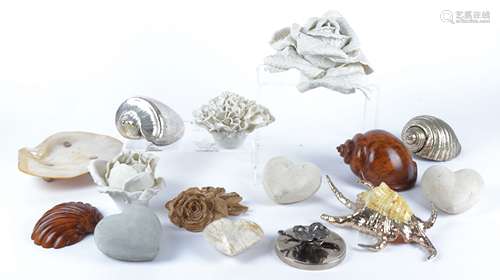 A collection of shells, some carved wooden and painted examples, together with a shell dish, four