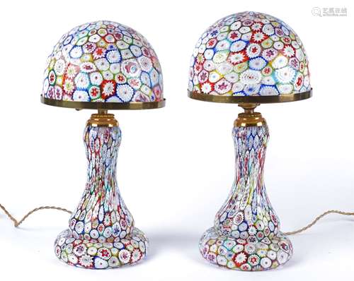 A pair of mid 20th Century Italian Murano millefiore glass lamp bases, on integral spreading