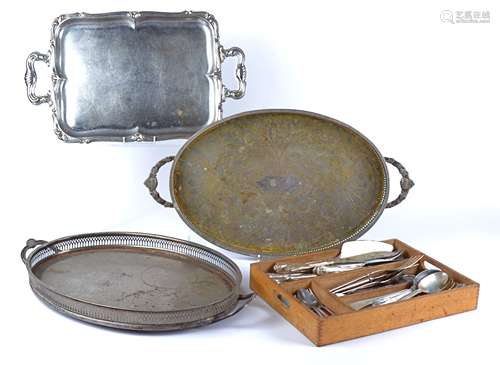 Three 20th Century twin handled silver plated trays, the largest 56cm x 31cm, together with an