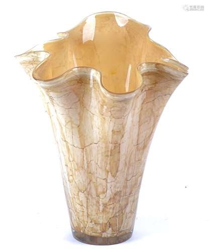 A contemporary glass vase, with brown marbled effect and a fluted rim, unsigned, height 34.5cm