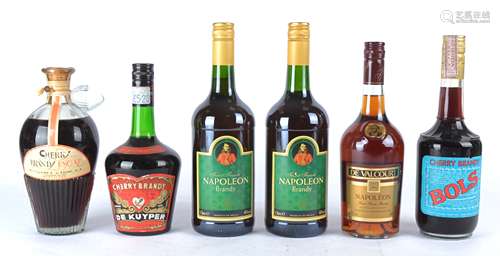 Six bottles of Brandy, comprising a bottle of Bols Cherry Brandy, De Kuyper Cherry Brandy, Escat