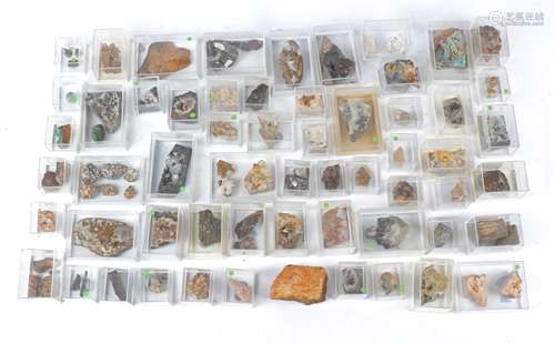 A large selection of rocks and mineral specimens, including anglesite, geotide, polomite, gypsum,