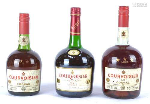 Two bottles of Courvoisier three star Luxe Cognac 40 fl ozs & 24 fl osz, together with a bottle of