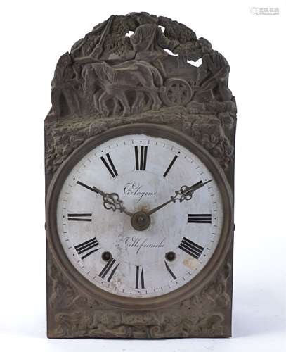 A French comtoise wall clock, white enamel dial with Roman numerals, signed 'Virlogeux á