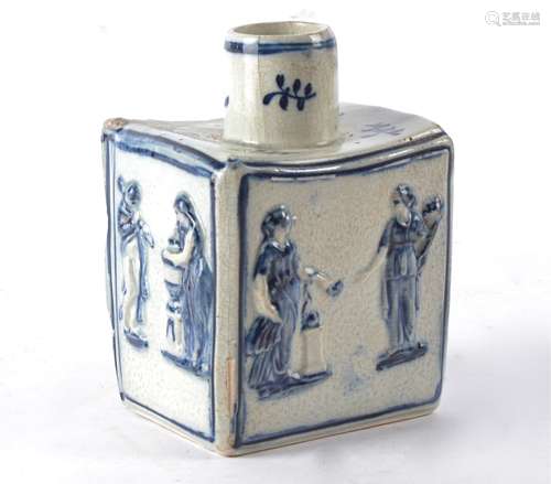 An 18th Century prattware blue and white earthenware tea canister with pearlware glaze, of block