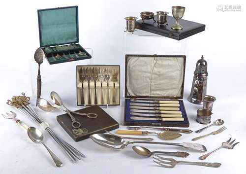 A large collection of silver plate, including a Mappin & Webb sugar shaker, boxed sets of six spoons