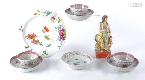 Three 18th Century Newhall porcelain tea bowls and saucers after Chinese export wares, each with