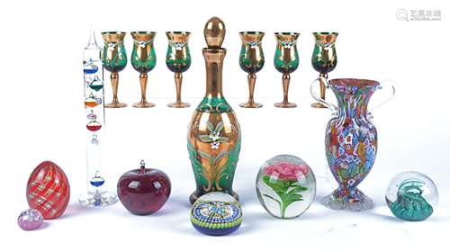 A collection of contemporary glassware, including an Italian Venetian Murano Millefiori design