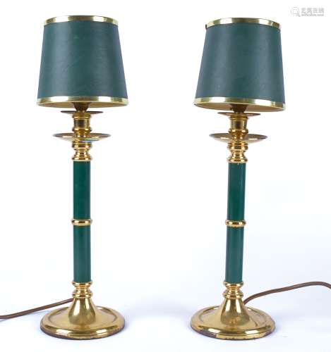 A pair of brass effect lamps with green central columns, sold for decorative purposes (2)