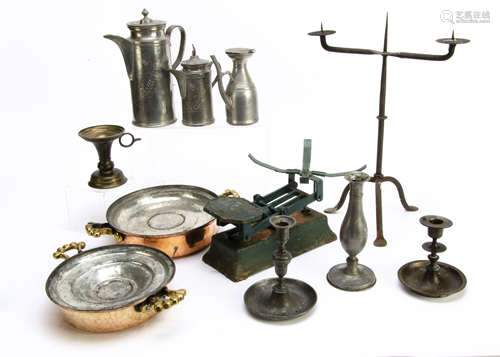 A collection of miscellaneous metal ware, including brass and chafing dishes from the Middle East of