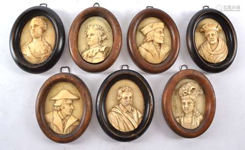 Seven 18th and 19th Century bone and ivory oval plaques with portrait profiles of historical