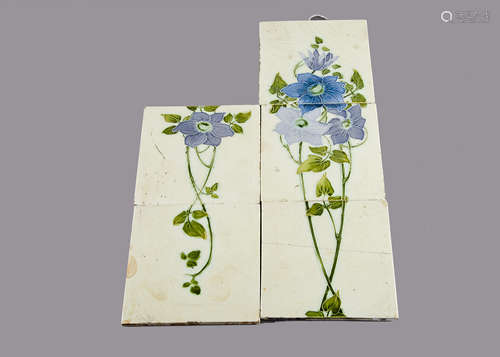 A five tile Rhodes Tile Company picture tile group, depicting a blue flowering plant with sinuous