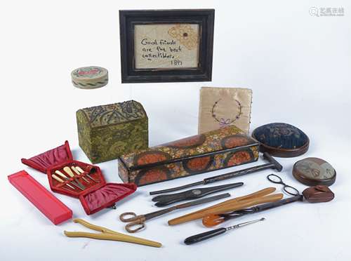 A collection of ladies accoutrements, including a boxed silver and bone crochet set, jewellery