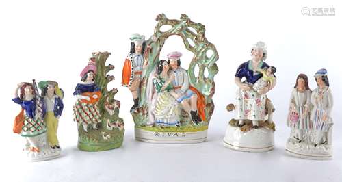 Five Victorian Staffordshire figures with people as subjects to include 'The Rival' a voyeuristic