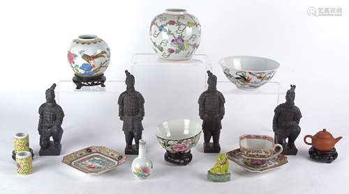 A group of Asian collectables including a jar and bowl with overglaze polychrome decoration of