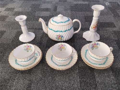 A Minton china part tea set in the 'Ardmore' pattern, including teapot, height 13cm, cups and