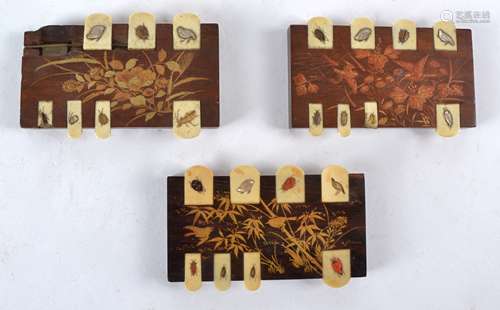 Three groups of Japanese Meiji period rosewood and ivory gaming counters, each with shibayama inlaid