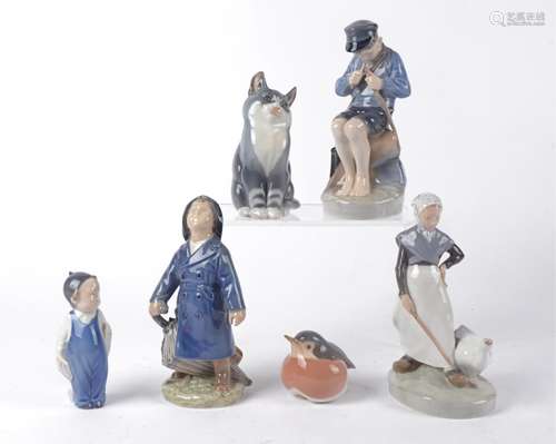 Six Royal Copenhagen figures to include a boy with umbrella and raincoat, no.3556, height 17.5cm,