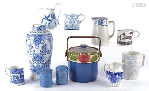 Five 19th Century pottery tankards with a blue and white transfer printed 'Willow' type pattern,