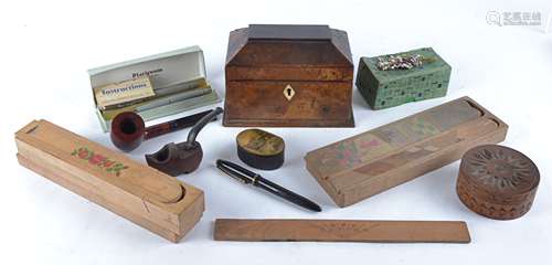 A group of treen and collectables to include an ebonised wooden snuff box with a depiction of a