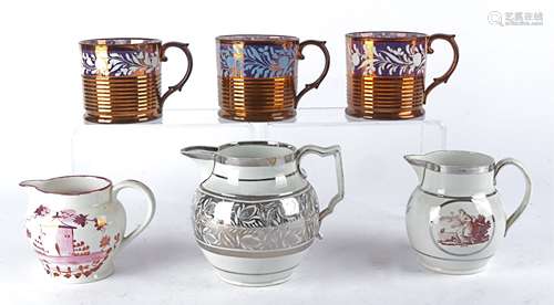 A small group of 19th Century pottery with lustrous effects to include a silver lustre Staffordshire