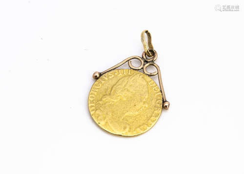 A George III gold guinea, heavily worn and having applied gold pendant mounts, c1780, 9.2g