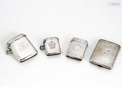 Three Victorian and later silver vesta cases, together with a George V silver matchbook case (4)
