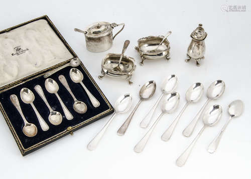 Four George V period silver cruet items, together with a set of six cased silver coffee spoons,