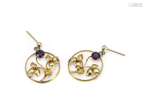 A pair of 9ct gold paste set floral circular drop earrings, of openwork design, with mauve stones,