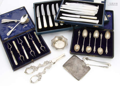 A small collection of Victorian and later silver and silver plate, including a cased set of six